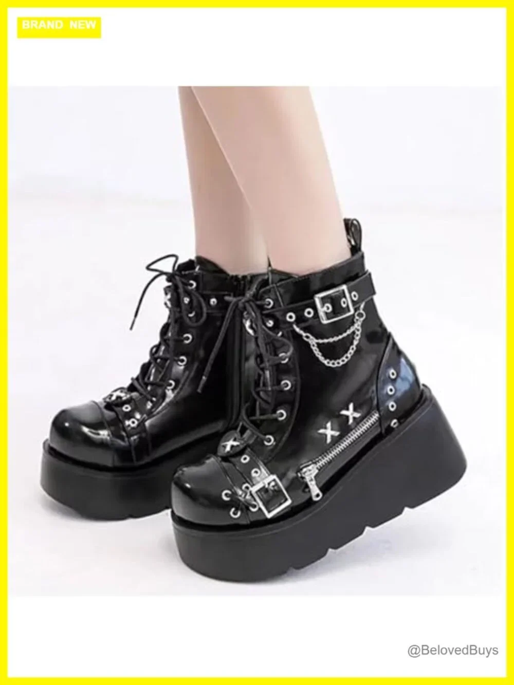 Goth Platform Ankle Boots with Bat Wing Buckles Chunky Block Heels Punk Combat